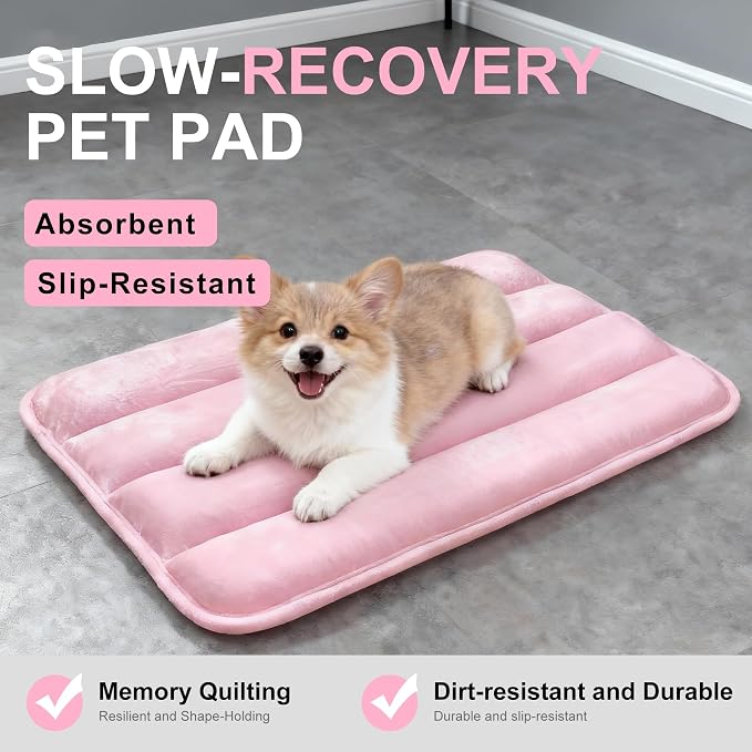 Dog Bed Mat, Reversible Dog Crate Pad with Washable Kennel Mat and Soft Foam, Flat Pet Bed for Dogs & Cats, for Crates Carriers & Travel (Pink, 23" L*14" W*1.5" Th)