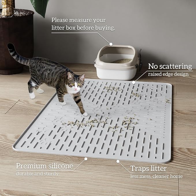 OHMO Cat Litter Mat, 23.5x16 Silicone Trapping Mat Grey | for Kitty Litter Box, Easy Clean, BPA Free Rubber, Center Litter Collection, Easy Pour-Back, Waterproof, Odor-Resistant