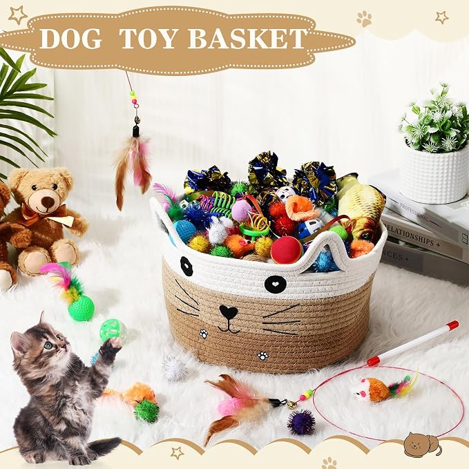 Zopeal 76 Pcs Cat Storage Basket Gift Toys Set Interactive Cat Toys Kitten Wand Colorful Flashing Balls Pet Crinkle Balls Attract Kitten to Swat, Hunt for Pet Indoor(Khaki)
