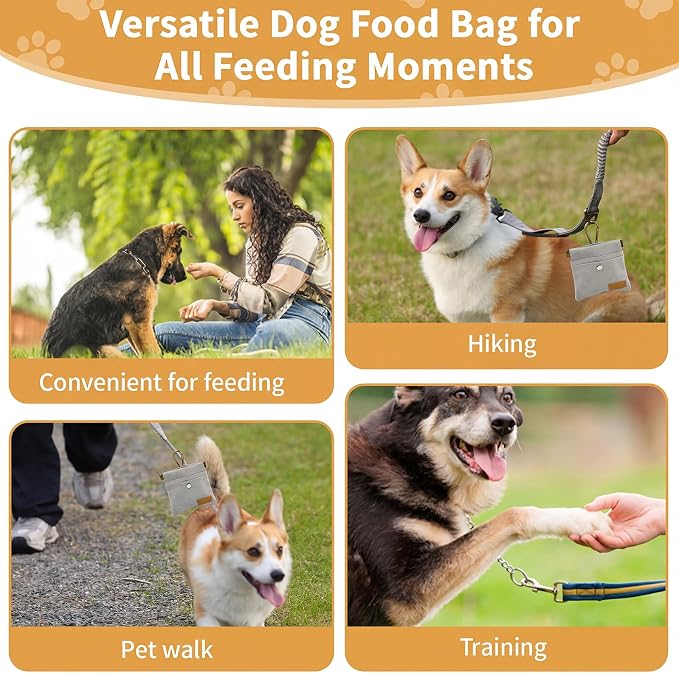 Dog Treat Pouch for Pet Training, Carabiner & Magnetic Buckle, Grey | Hand Free Dog Training Treat Bag, Auto Closing Dog Walking Bag for Puppy Travel or Outdoor Use, Pet Feed Snack Reward Pocket