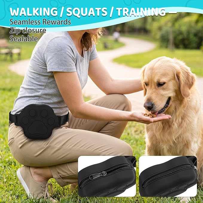 Dog Treat Pouch with Training Clicker and 2 Poop Bags, 1.8 Cup Small Sealable Zipper Silicone Fanny Pack with Waist Belt, Pet Puppy Training & Walking Essentials (Black)