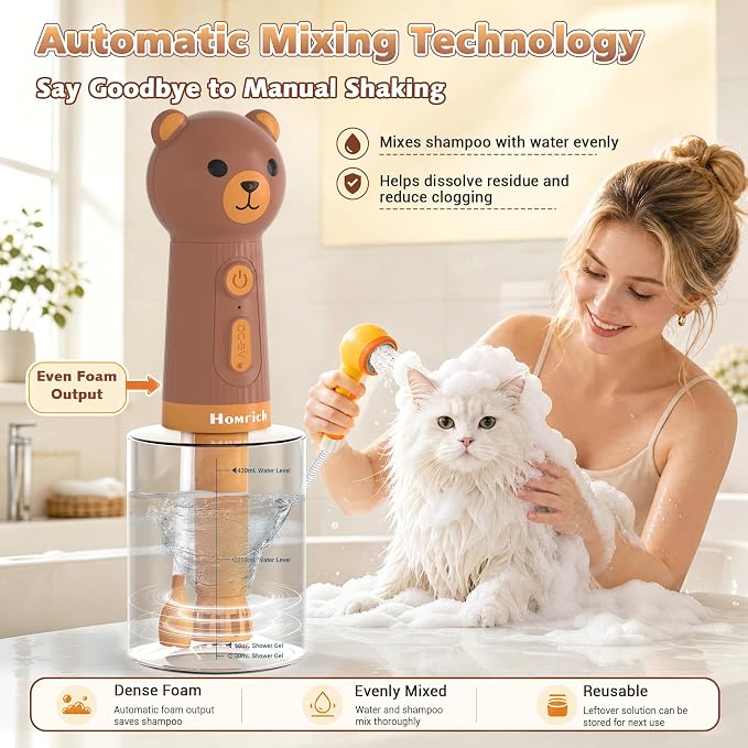 Homrich 500ml Dog Shampoo Foamer with Auto Mixing, Electric Dog Soap Dispenser, Rechargeable Automatic Pet Shampoo Sprayer, Bath Supplies - IPX7 Waterproof Foam Machine for Bathtub Pet Cleaning