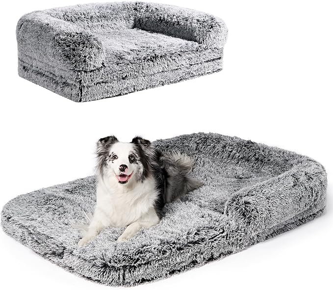 EHEYCIGA Foldable XXL Dog Bed for Large Sized Dog, 54"x38"x7.5" Faux Fur Fluffy Pet Couch Bed, Orthopedic Calming Memory Foam Big Pet Bed, Washable Pet Sofa Bed with Non-Slip Bottom, Faded Black