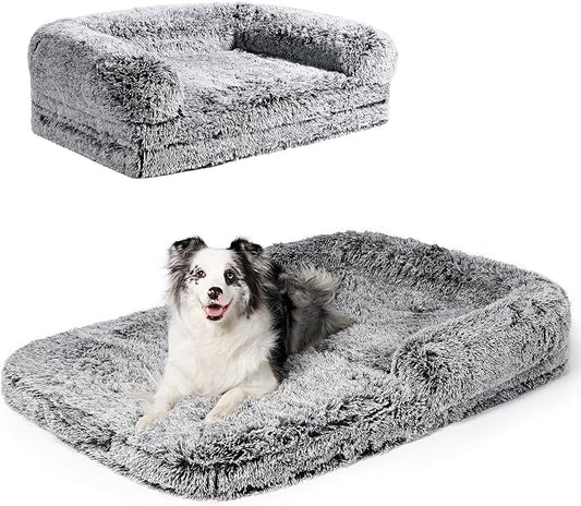 EHEYCIGA Foldable XXL Dog Bed for Large Sized Dog, 54"x38"x7.5" Faux Fur Fluffy Pet Couch Bed, Orthopedic Calming Memory Foam Big Pet Bed, Washable Pet Sofa Bed with Non-Slip Bottom, Faded Black
