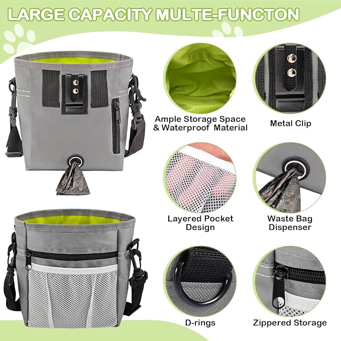 Dog Treat Pouch for Training -6 PCS Dog Training Treat Bag with Clicker, Poop Bag Dispenser, Whistle, Collapsible Bowl, Silicone Pouch, Adjustable Waist Pack for Dog Walk, Park, Outdoor Charcoal Gray