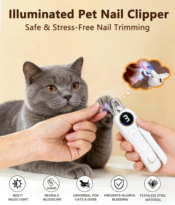 2-in-1 Pet Nail Clipper and Grinder with LED Light & Safety Guard - Painless Quiet Grooming Tool for Small & Large Dogs & Cats, Avoid Overcutting Professional Pet Trimmer
