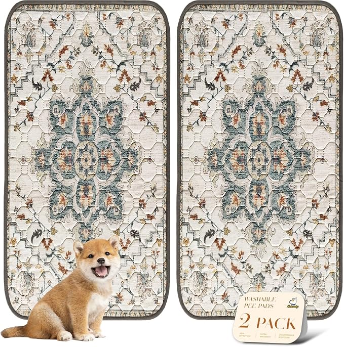 nunubaby Washable Pee Pads for Dogs, Stylish, Non-Slip and Leak-Proof Pee Pads. Reusable Potty Pads for Dogs for Crates and Floors.(Beige/Floral, 24" x48" )