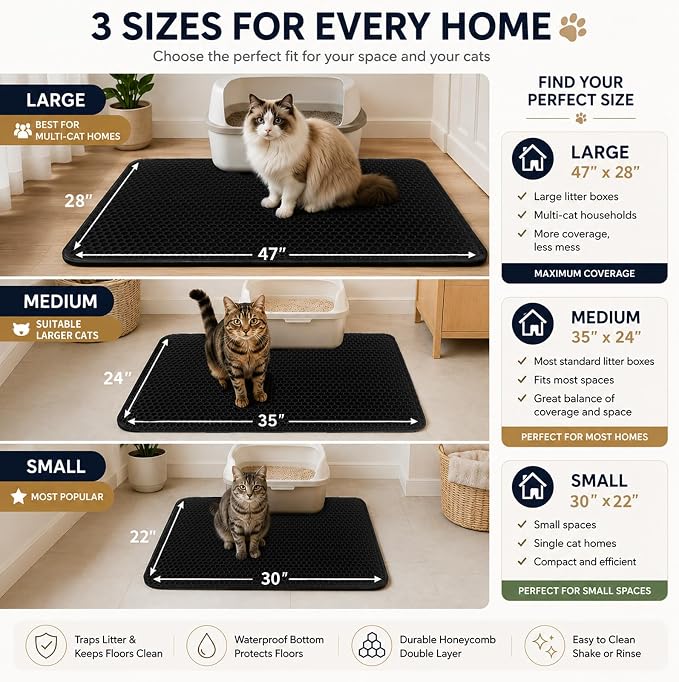 Cat Litter Box Mat,Double-Layer Honeycomb Litter Trap 30"x22" Blakc | Catches Scattered Particles to Stop Tracking,Waterproof Design Urineproof Base Protects Floors, Easy to Clean, Indoor Cats