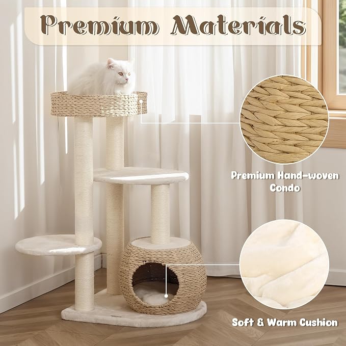 Modern Cat Tree, 39" Tall Cat Tree for Large Cats Cat Condo | Natural Sisal with Scratching Posts Indoor Cats, Hand-Woven Tower & Top Perch, Cat-Tree for Kittens Climb Play & Rest