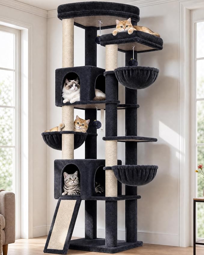 Globlazer 77in Cat Tree Tower for Indoor Cats Large Adult, F77, Dark Grey | Heavy Duty Multi-level Climbing Tower with 6 Scratching Posts & Board, 2 Roomy Condos, 2 Padded Perches, 3 Sturdy Baskets