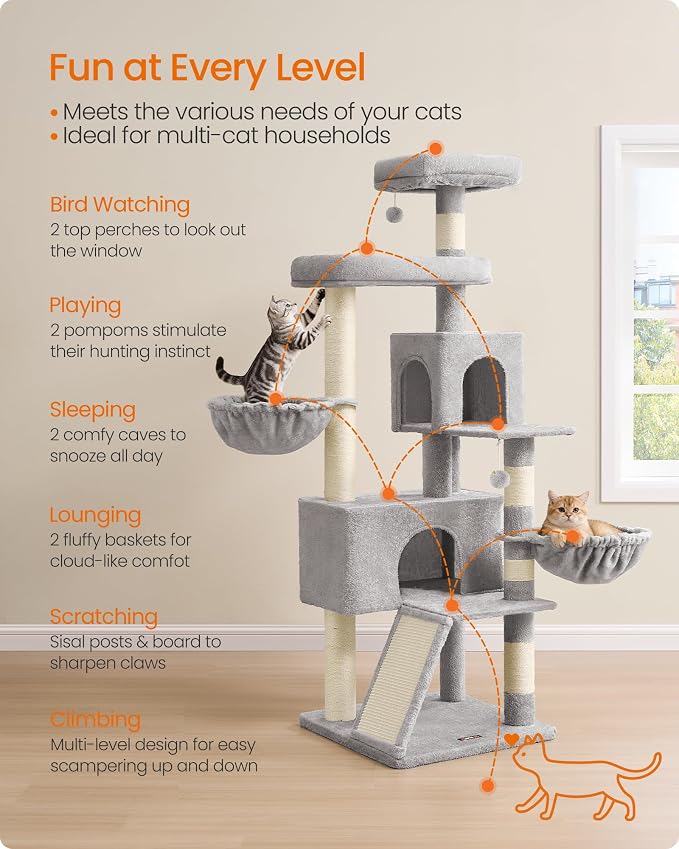 Feandrea Cat Tree, 68.5-Inch Tall Cat Tower, Multi-Level Plush Condo with Large Perch, Scratching Posts, Double Caves, Dove Gray UPCT006G01