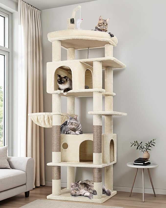 Globlazer F74B Cat Tree for Indoor Cats Large Adult, Multi-Cat, Beige | Easy Setup, 74in Tall Tower, Oversized Top Perch, 2 Large Condos, Hanging Basket, 5 Sisal Scratching Posts, Anti-Topple Strap