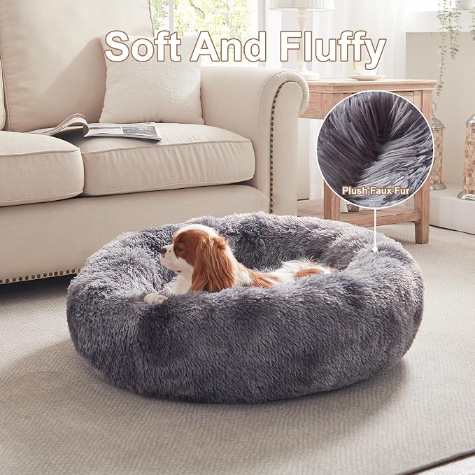 30 inches Donut Dog Bed for Medium Dogs,Calming Fluffy Round Pet Bed with Removable & Washable Cover,Fits up to 45 lbs Pets(Tie-dye Grey,Medium)