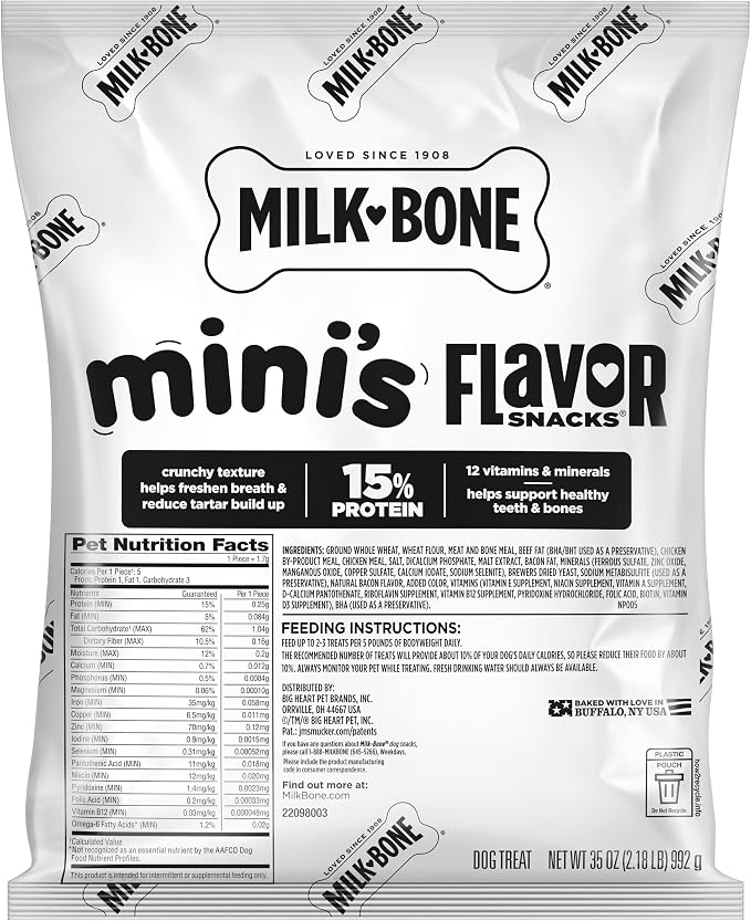 Milk-Bone Flavor Snacks Mini’s Dog Treats, 2 (35-Oz.) Refill Packs | 5 calories per treat, 15% protein, 3 tail-wagging flavors per bag (beef, chicken & bacon, naturally & artificially flavored)
