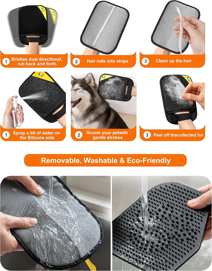 Pet Hair Remover for Furniture, 2-in-1 Pet Hair Removal Glove for Cats Dogs | 5-Finger Design Reusable & Detachable Electrostatic Magic Brush Pet Hair Remover Tools for Carpet, Couch, Car Seat