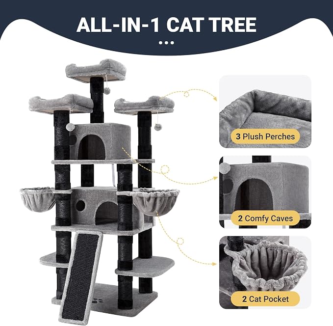 Allewie 68 Inches Cat Tree/House and Towers for Big Feline/Scratching Post/Multi-Level Large Kitty Climbing Tree with Condo/Black & Grey