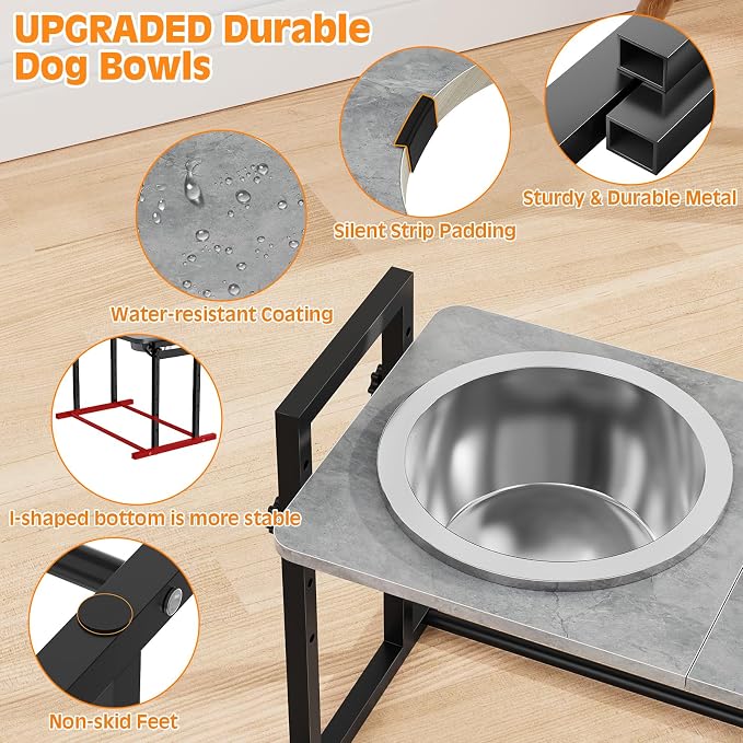 Elevated Dog Bowls for Large Dogs, 4 Height Adjustable Tilted Raised Dog Bowl Stand with 2 Stainless Steel 90 oz Bowls, 13.6" Tall Dogs Bowl Stand Feeder for Medium & Large Breed