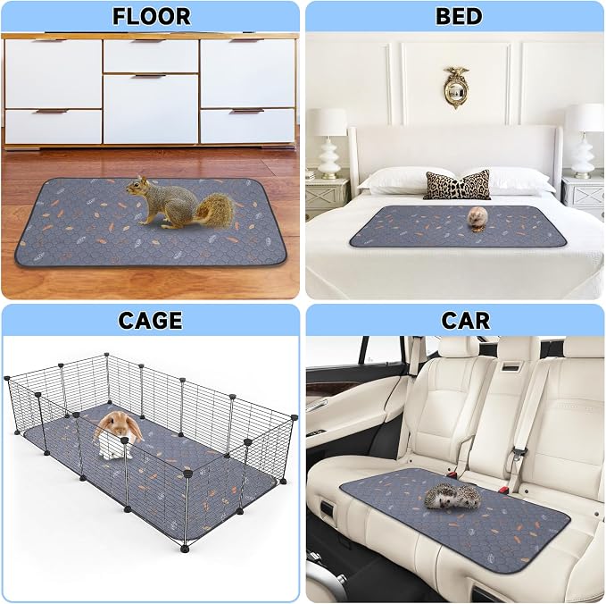 Sunheir 2 Pack Washable Guinea Pig Pee Pads, 24" x 48" Waterproof Reusable Guinea Pig Cage Liners, Absorbent Bedding Training Mat for Small Animal Guinea Pigs Rabbit Bunny Hamster (Leaves - Deep Grey) | Waterproof Super Absorbent Small Animal Mat for G...