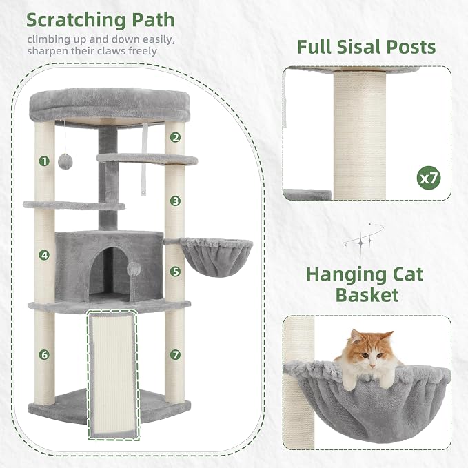 Corner Cat Tree Tower with All Sisal Scratching Posts GCT025W | 44.1" Cat Furniture with Multi-level Cat Condo, Cat Cave, Hanging Basket, Sisal Scratching Ramp for Indoor Cats, Light Gray