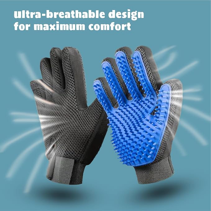 Pet Grooming Gloves – Efficient Dog & Cat Grooming Gloves 2-in-1 Deshedding Glove & Massage Mitt for Bathing, Washing & Shedding, Safe for Short/Long Hair – 2pcs (Blue)