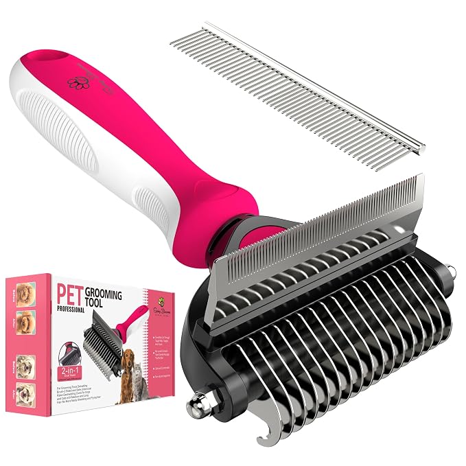 Spring Blossoms-2 in 1 Professional Grooming Rake for Cats & Dogs-Dematting Comb for Easy Mats & Tangles Removing,Pet Brush Safe No More Nasty Shedding and Flying Hair (Rose)