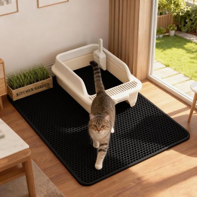 Cat Litter Mat Cat Litter Trapping Mat, 30 x 22 inch Honeycomb Double Layer Design, Urine and Water Proof Material, Scatter Control, Less Waste, Easier to Clean, Washable black
