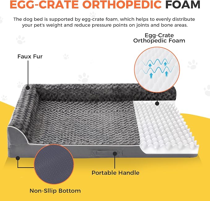 Dog Bed Large Sized Dogs, XXL Orthopedic Dog Bed for Large Dogs, Waterproof Pet Bed with Washable Removable Cover, L-Shaped Pet Couch with Portable Handle 48"x35"x7.5", Dark Grey