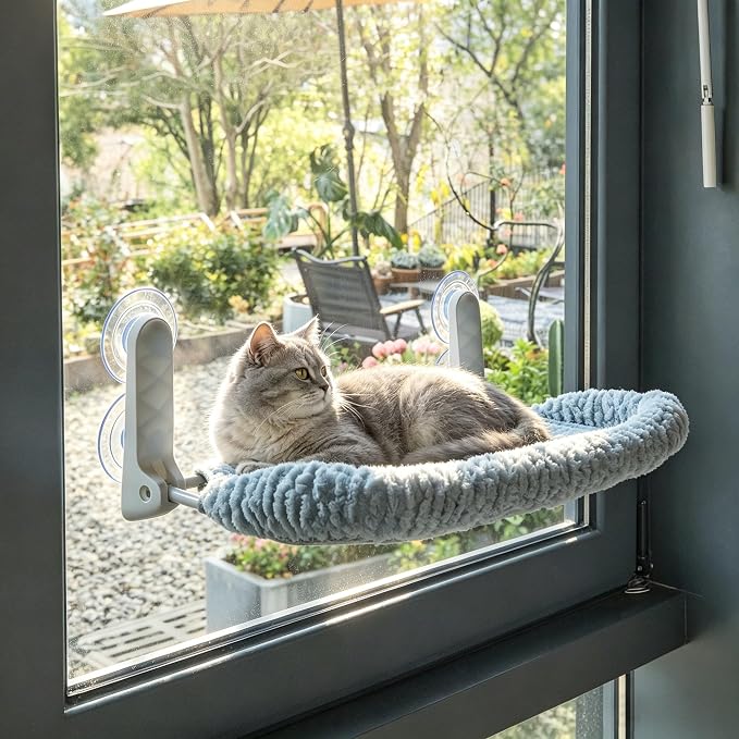 AIWIKIDE Cat Window Perch with Cushion Rim, Easy Install Bracket, Portable Wall Hammock for Indoor Cat, Light Blue