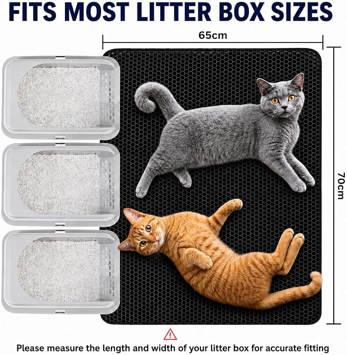 Cat Litter Mat 24 x 18 Inch, Double-Layer Honeycomb Litter Trapping Mat with Waterproof Leatherette Bottom, Urine-Resistant, Non-Slip, Easy to Clean, （Black）