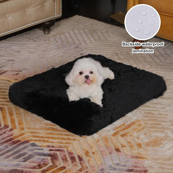 Bedfolks Waterproof Dog Crate Bed, Plush Small Dog Pad, 21"x13", Black | Faux Fur Plush Cover, Removable Washable Outer, Waterproof Inner Lining, Non-Slip Base, Crate Pad and Dog Pillow