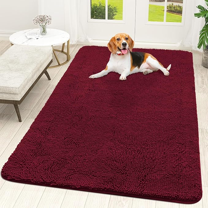 OLANLY Dog Door Mat for Muddy Paws 59x35, Super Absorbent Chenille Mud Mat | Burgundy, Absorbs Moisture and Dirt, Non-Slip Machine Washable Doormat, Quick-Drying Indoor Entryway Floor Carpet for Dogs