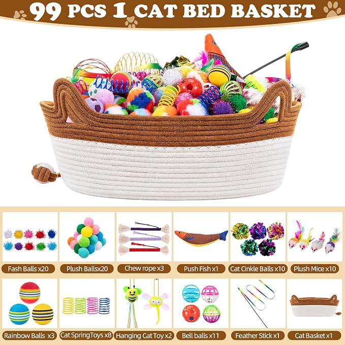 Leitee 19.2" X 6" 100 Pcs Cat Bed Storage Basket Gift Cat Variety Toys Set Cotton Rope Basket, Fish Mice Pet Bell Colorful Crinkle Balls Spring Toy for Kitten Swat Interactive (Retro,White,Khaki)