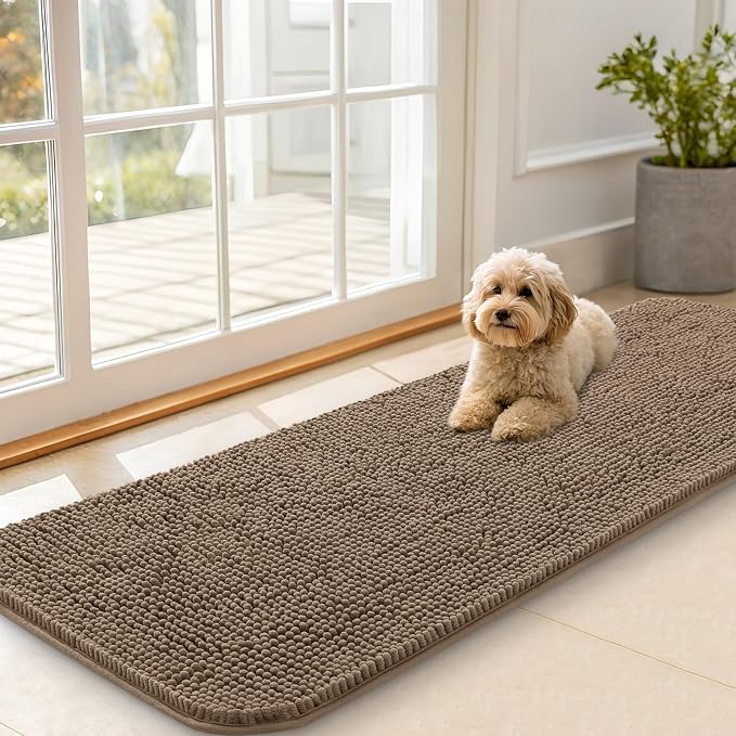 OLANLY Dog Door Mat for Muddy Paws 59x20, Super Absorbent Chenille Mud Mat | Tan, Absorbs Moisture and Dirt, Non-Slip Machine Washable Doormat, Quick-Drying Indoor Entryway Floor Carpet for Dogs