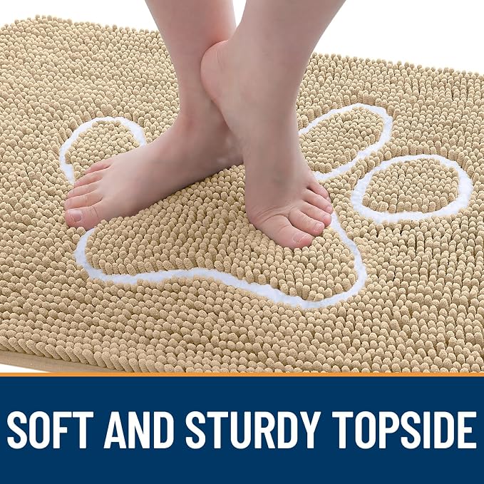 OLANLY Dog Door Mat for Muddy Paws 59x35, Paw Print Design Chenille Mud Mat | Beige, Absorbent, Traps Moisture and Dirt, Non-Slip Washable Doormat, Quick-Drying Indoor Entryway Floor Carpet for Dogs