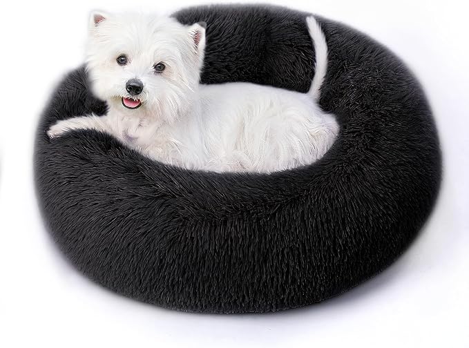 Calming Round Dog Bed & Cat Bed with Anti-Slip Bottom, Medium Size Washable Anti-Anxiety Donut Dog Beds for Small Dogs & Cats, Fluffy Plush Soft Dog Bed(24 Inch, Black)