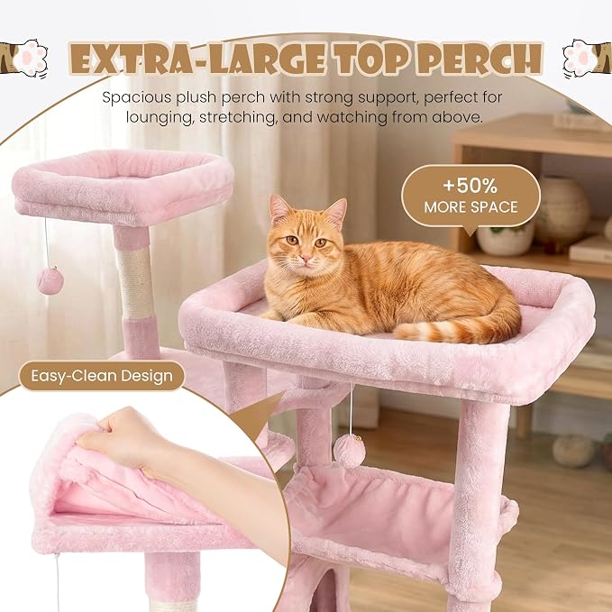 Sha Cerlin 87 in Multi-Level Tall Cat Tree Tower for Large Cats/Extra Wide Feline Activity Center/Sisal Scratching Posts/Wide Base/Cozy Plush Perches/Baskets/Hammocks/Toy Balls/Pink