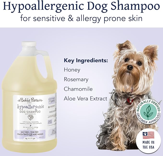 Bobbi Panter Hypoallergenic Dog Shampoo Honey, Aloe Vera, Chamomile & Rosemary – Dye & Fragrance Free Natural Formula for Sensitive & Allergy Skin, Tear-Free, 30:1 Concentrate, 1 Gallon (Case of 4)