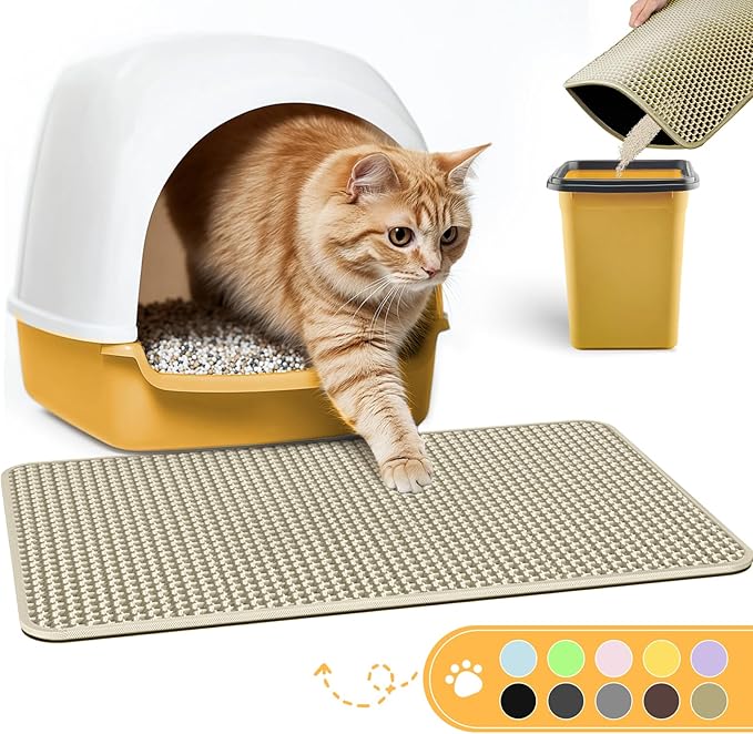 Powools Cat Litter Mat, 23.2 x 14.6 in, Waterproof, Non-Slip, Beige | Litter Trapping Mat, Easy to Clean, Litter Box Mat, Urine-Proof, Cat Toilet Training Systems Accessories, Indoor Cats