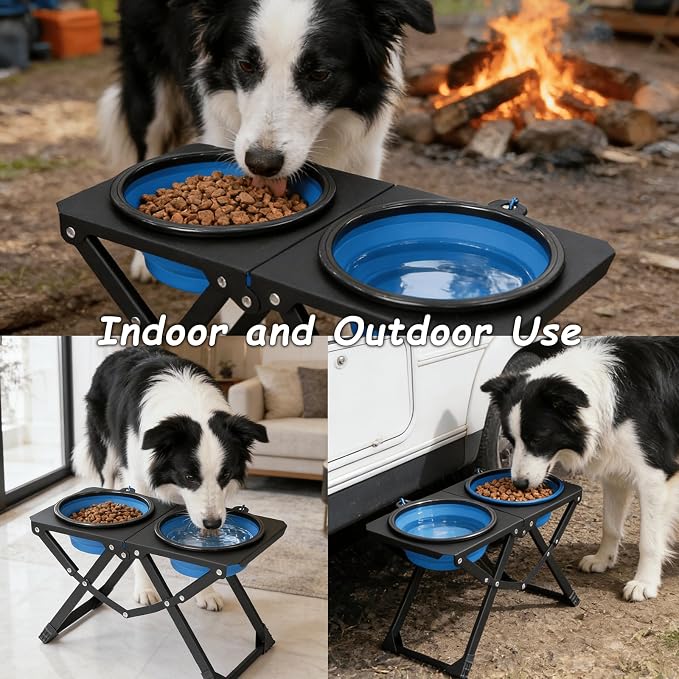 Foldable Elevated Dog Bowl Holder with 2 Large 50.7oz Folding Water Bowl, 10.2" Tall Raised Dog Bowl Stand for Medium/Large Breeds, Indoor and Outdoor Use