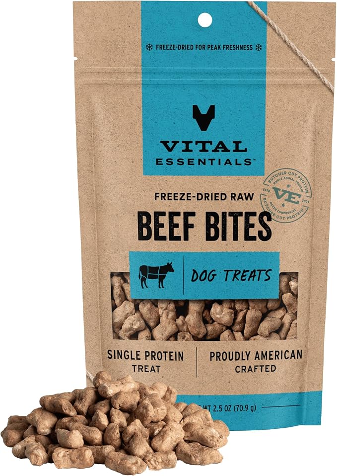 Vital Essentials Freeze Dried Dog Treats, Beef Bites, 2.5 oz Bag | Single Protein, Made With Beef & Liver, Premium Quality Protein, Grain-Free Training Treats