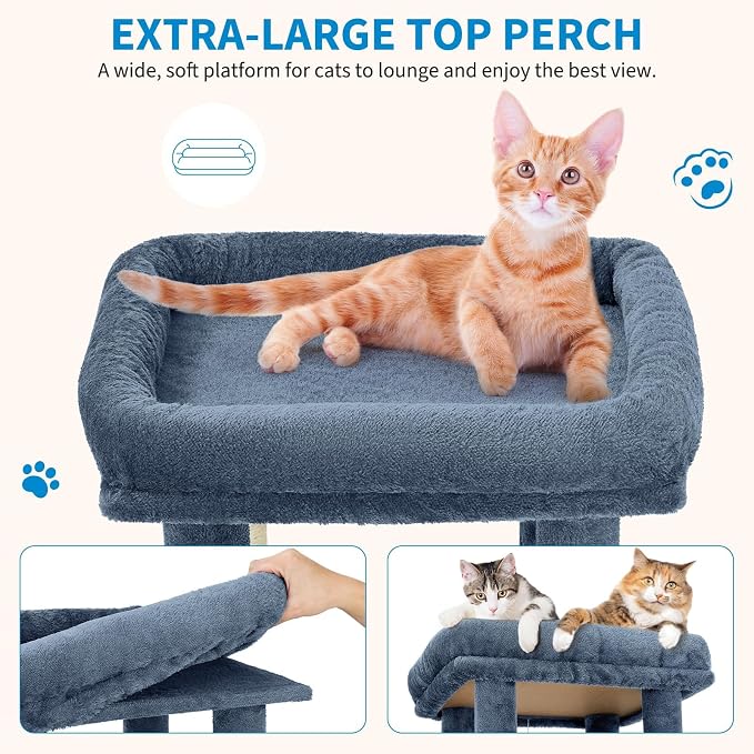 61" Large Cat Tree Tower for Indoor Cats, Heavy-Duty Multi-Level Cat Condo for Maine Coon & Big Cats with Extra-Large Perch, 2 Spacious Houses, Sisal Scratching Posts & Hanging Toys - Light Blue