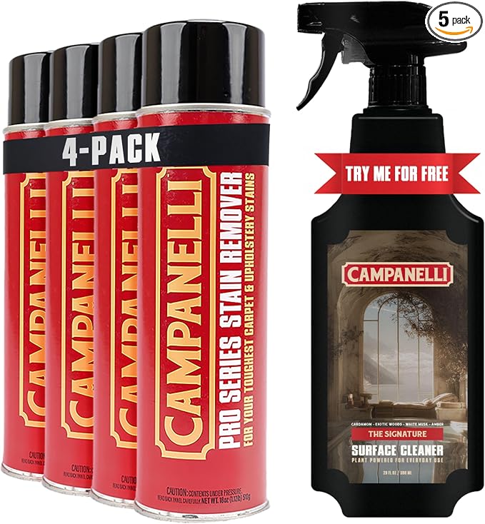 CAMPANELLI Pro Series Stain Remover Spray, 4 Pack + Surface Cleaner, 20 Oz | Includes Four Stain Remover Sprays and One Surface Cleaner Helps Remove Pet Messes, Coffee, Wine, Grease and Everyday Stains.