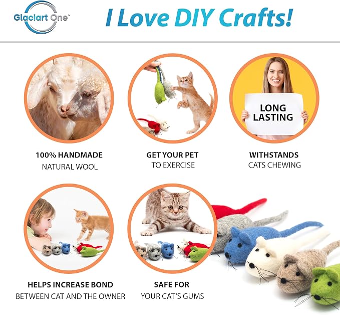Glaciart One Felt Mouse Cat Toy – 6 Pcs | Soft Fuzzy Enrichment 100% Natural Wool - Interactive Catnip Play Cat Toy Set - Safe for Pets, Non-AZO Colored Dyes