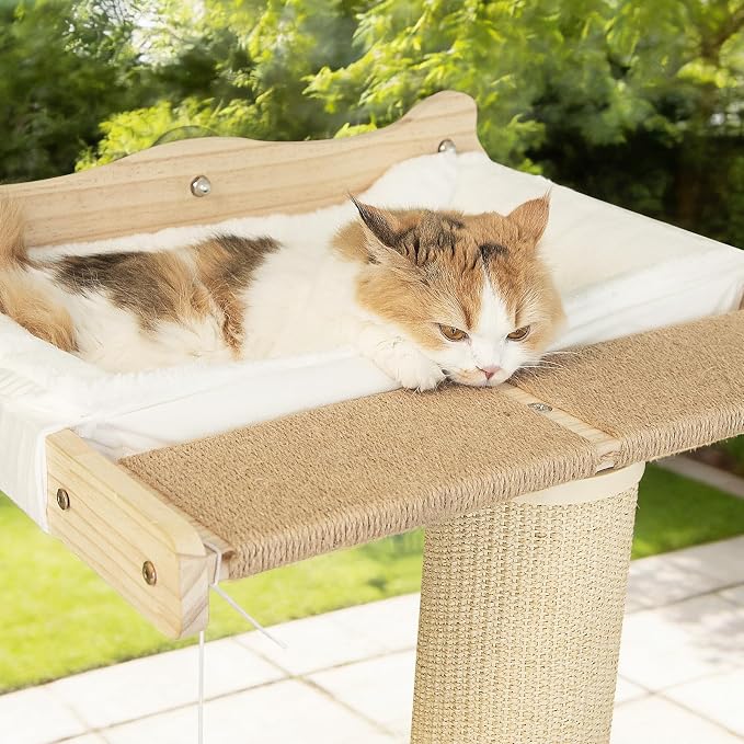 Cat Window Perch Hammock with 3-Piece Detachable Roman Column Sisal Scratching Posts, White Fluffy Cusion, Drill-Free Suction Cup Mount, Extra Large for Large Cats & Maine Coons, 60 LBS Capacity
