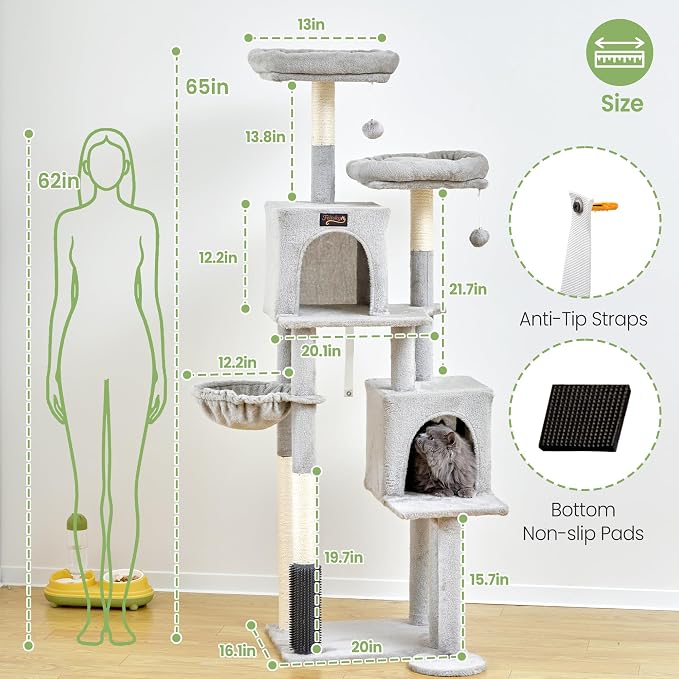 Cat Tree Tower for Indoor Cats Large Adult - 65 inch Extra Tall Cat Condo Trees with Scratching Post Hammock Perch - XL Sturdy Big Heavy Duty Multi Level Cat House Towers - Kitty Climbing Furniture