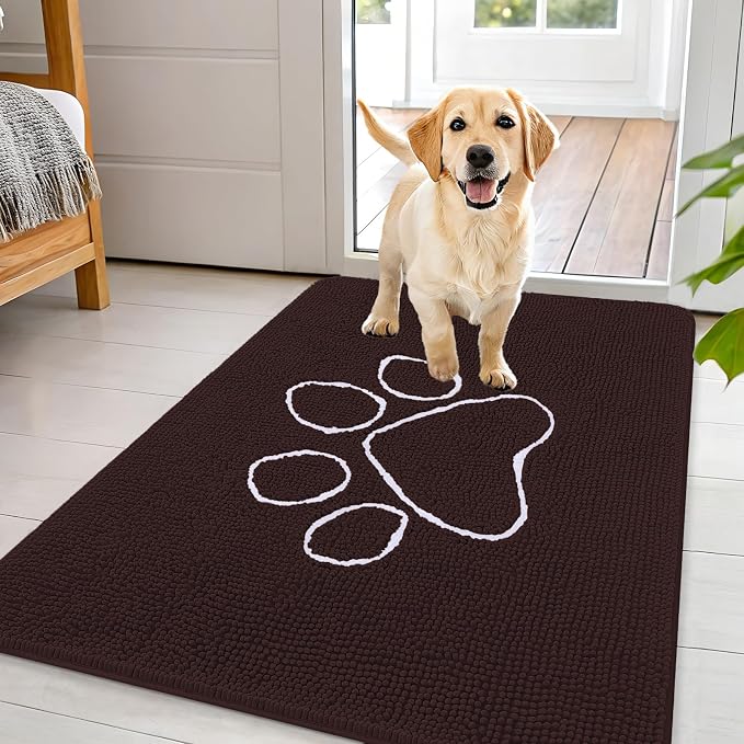 OLANLY Dog Door Mat for Muddy Paws 44x32, Paw Print Design Chenille Mud Mat | Brown, Absorbent, Traps Moisture and Dirt, Non-Slip Washable Doormat, Quick-Drying Indoor Entryway Floor Carpet for Dogs