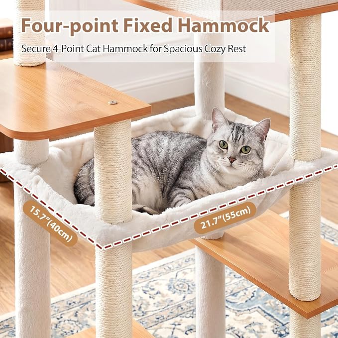Cat Tree, Wooden Multi-Level Tower for Large Audlt Cats GCT104WB | 76" Cat House Furniture with Big Hammock, 2 Condos，2 Wood Platforms with Safety Railing, Sisal Scratching Posts, Walnut