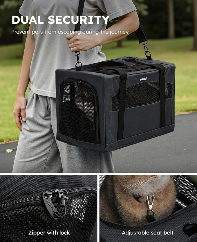 Pecute Cat Carrier Stable, Pet Carrier with Hidden Anxiety Relief Partition & Stable Steel Frame, Safe Cat Carrier for Car Travel, Soft-Sided Dog/Cat Carrier Bag for Pets Up to 11lbs, Dark Gray