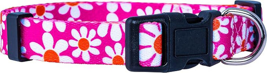 Native Pup Flower Dog Collar, Adjustable Small Medium Large, Cute Girl Female Summer Spring Pretty Designer Puppy Essentials Accessories, Pink Floral Blue Daisy Rose (Medium, Pink Daisy)