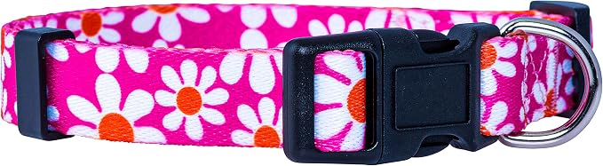 Native Pup Flower Dog Collar, Adjustable Small Medium Large, Cute Girl Female Summer Spring Pretty Designer Puppy Essentials Accessories, Pink Floral Blue Daisy Rose (Small, Pink Daisy)